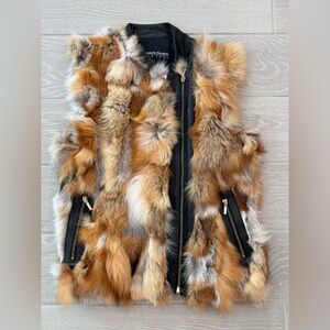 ANDRE'S GHUSTO Genuine Fox Fur Vest Leather Contrast Zippers Statement Piece